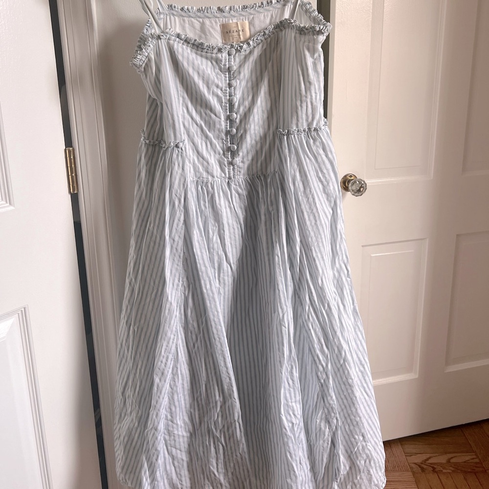 Sezane midi-dress with button front baby blue white size 4 6